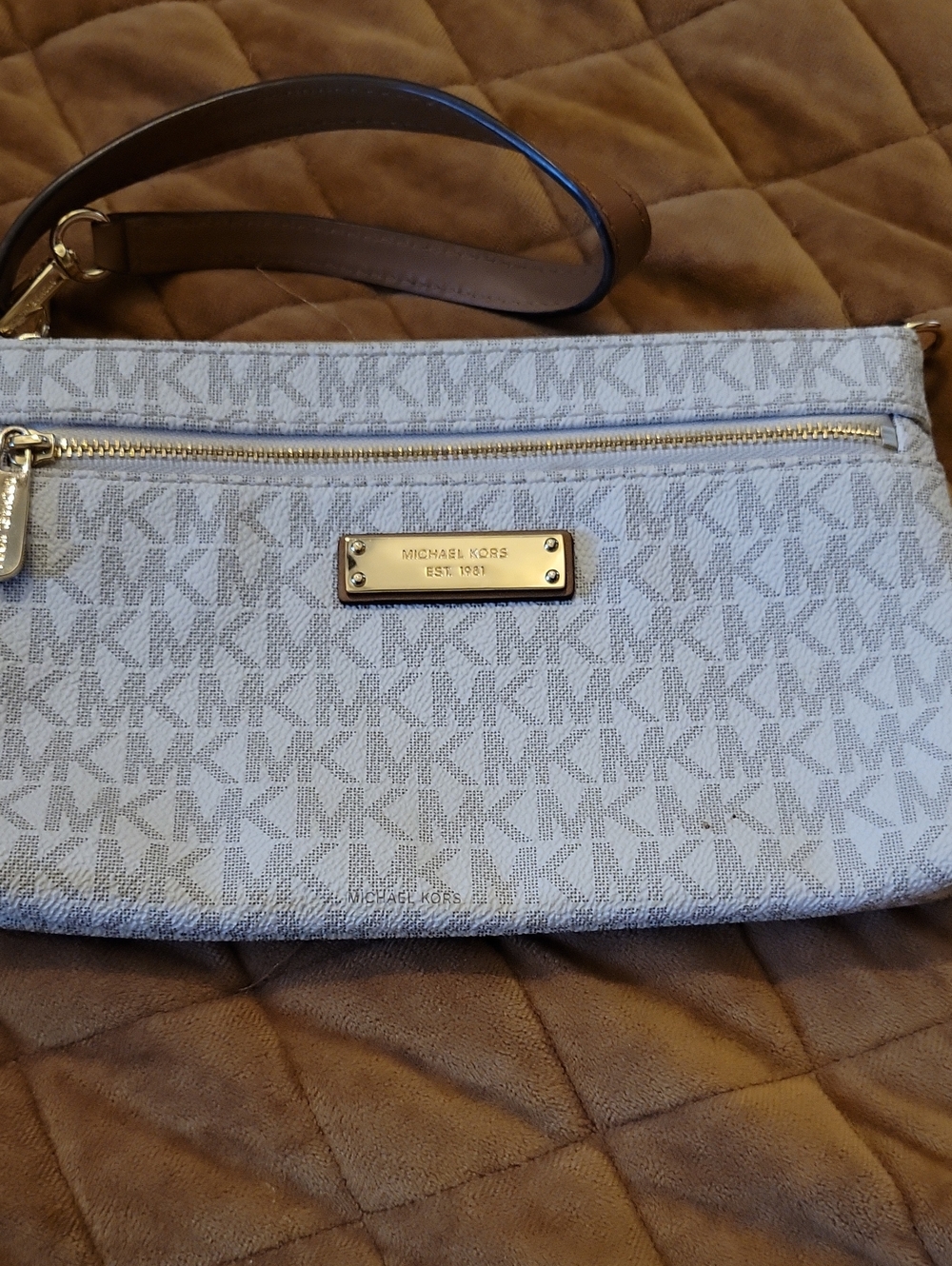 Michael Kors Light Gray MK Signature Wristlet Clutch with Gold Hardware